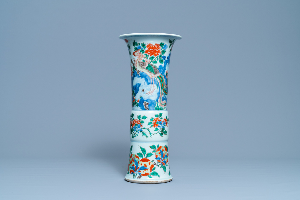 A Chinese wucai 'gu' vase with a phoenix, Shunzhi