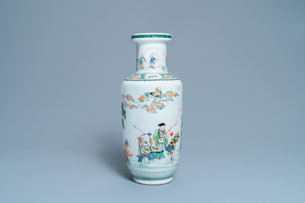 A Chinese famille verte rouleau 'immortals' vase, Kangxi