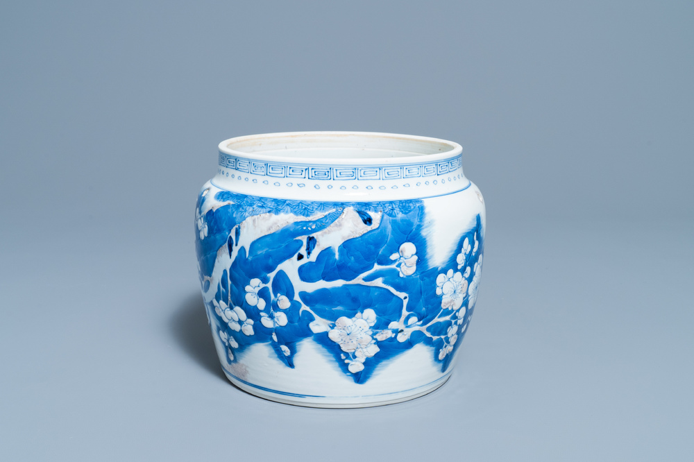 A Chinese blue, white and copper red 'prunus flowers' bowl, Kangxi