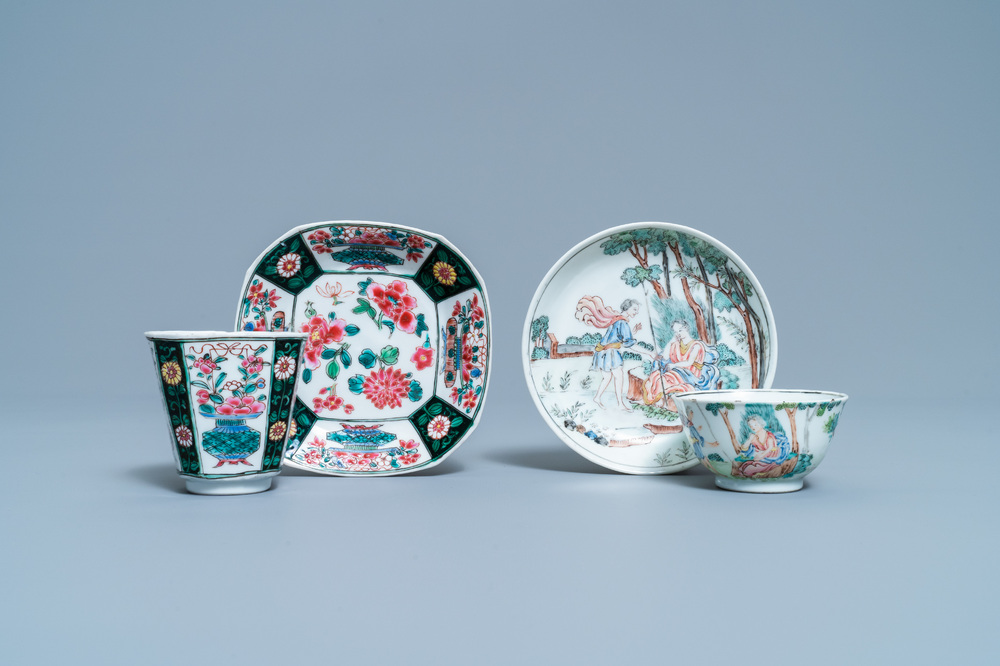 Two Chinese famille rose cups and saucers, Yongzheng/Qianlong