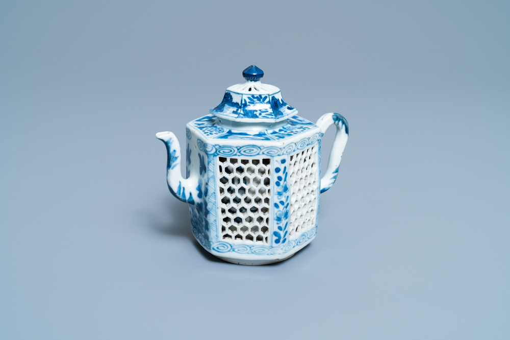 A Chinese blue and white reticulated double-walled teapot and cover, Kangxi