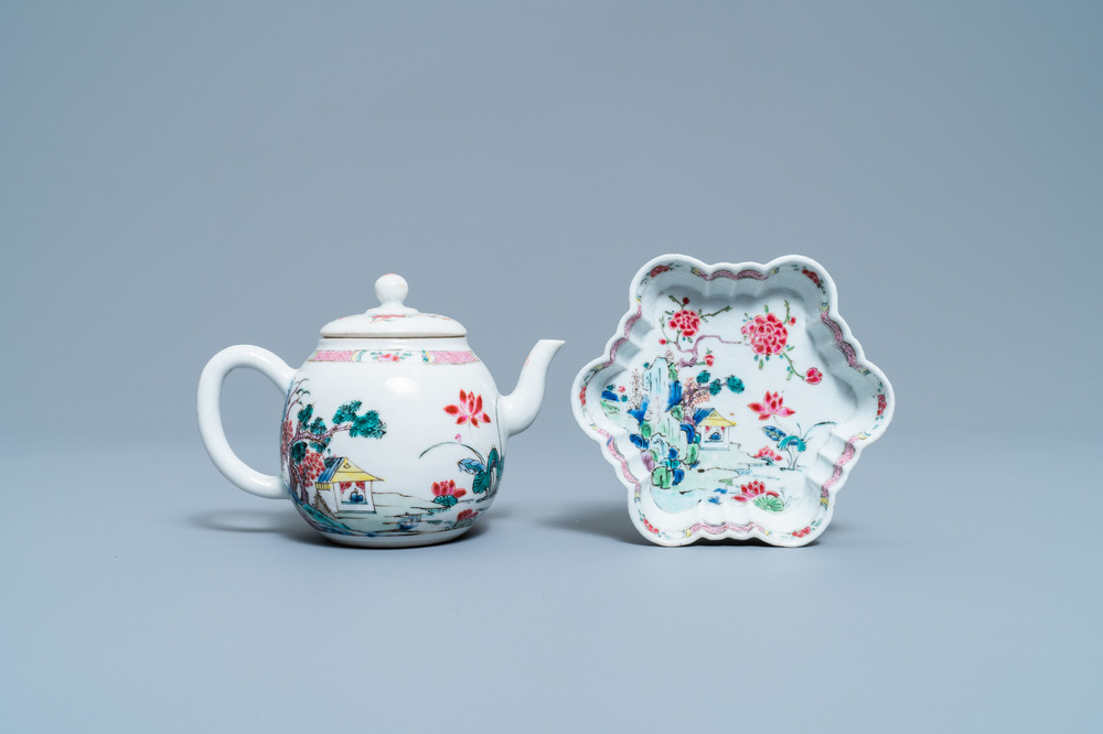 A Chinese famille rose teapot on stand with landscape design, Yongzheng