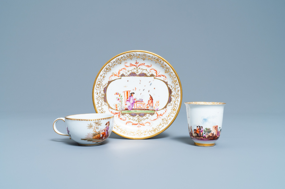 Two Meissen porcelain cups and a saucer, Germany, 18th C.