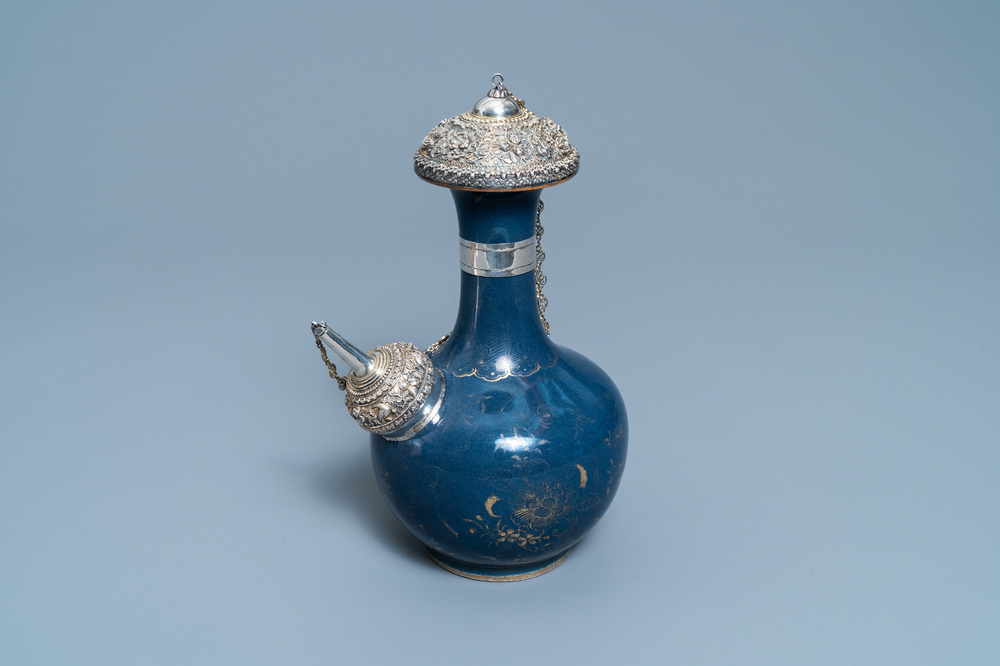 A Chinese silver-gilt mounted monochrome blue and gilt kendi, Kangxi