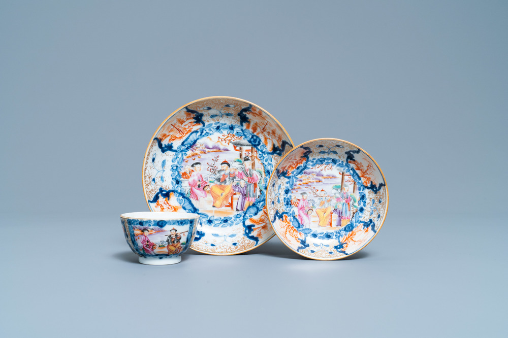 A Chinese famille rose 'Mandarin' cup and saucer with matching plate, Qianlong