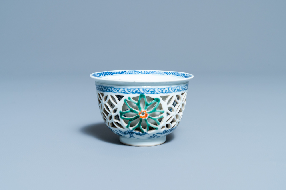 A rare Chinese famille verte reticulated double-walled cup, Kangxi