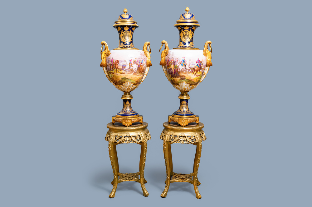 A pair of massive French S&egrave;vres-style vases with gilt bronze mounts, signed Desprez, 19th C.