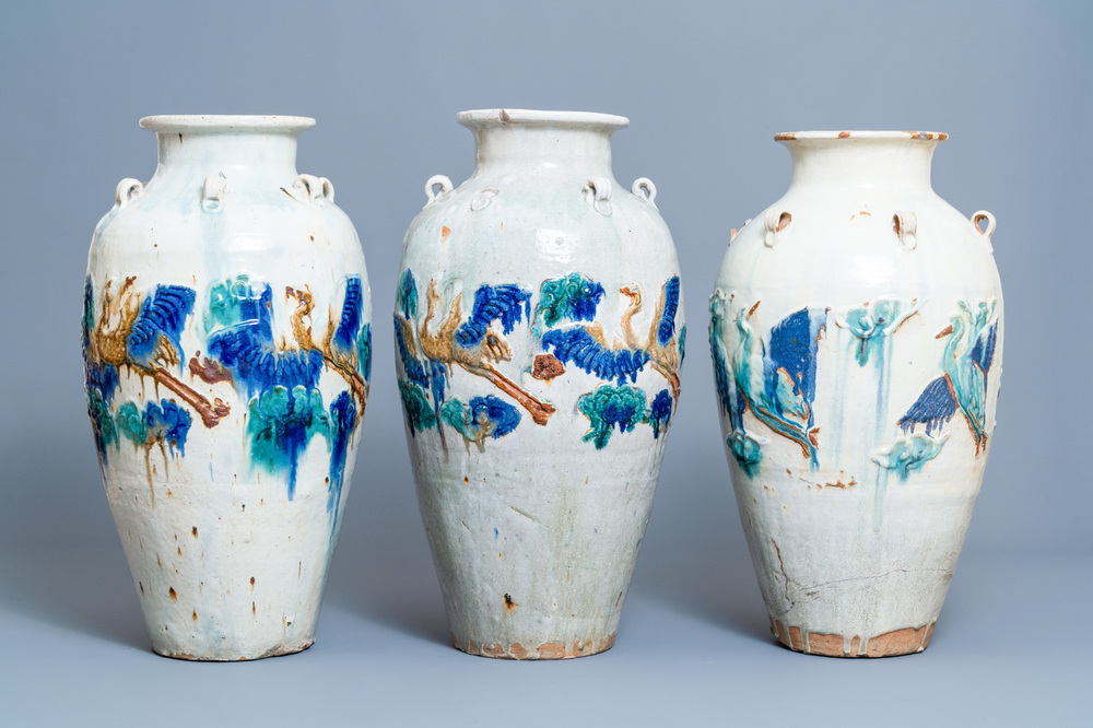 Three large Chinese polychrome relief-molded martaban jars, Qing
