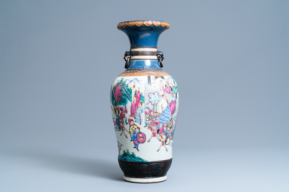 A Chinese Nanking famille rose crackle-glazed 'warrior' vase, 19th C.