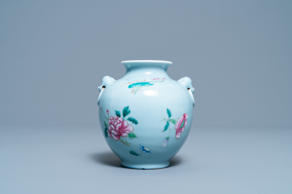 A Chinese famille rose lavender blue-ground vase, Yongzheng mark, 19/20th C.