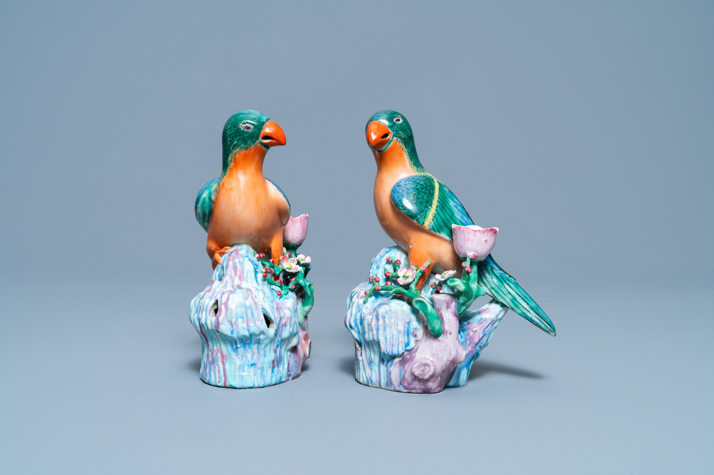 A pair of Chinese famille rose bird-shaped candlesticks, Qianlong
