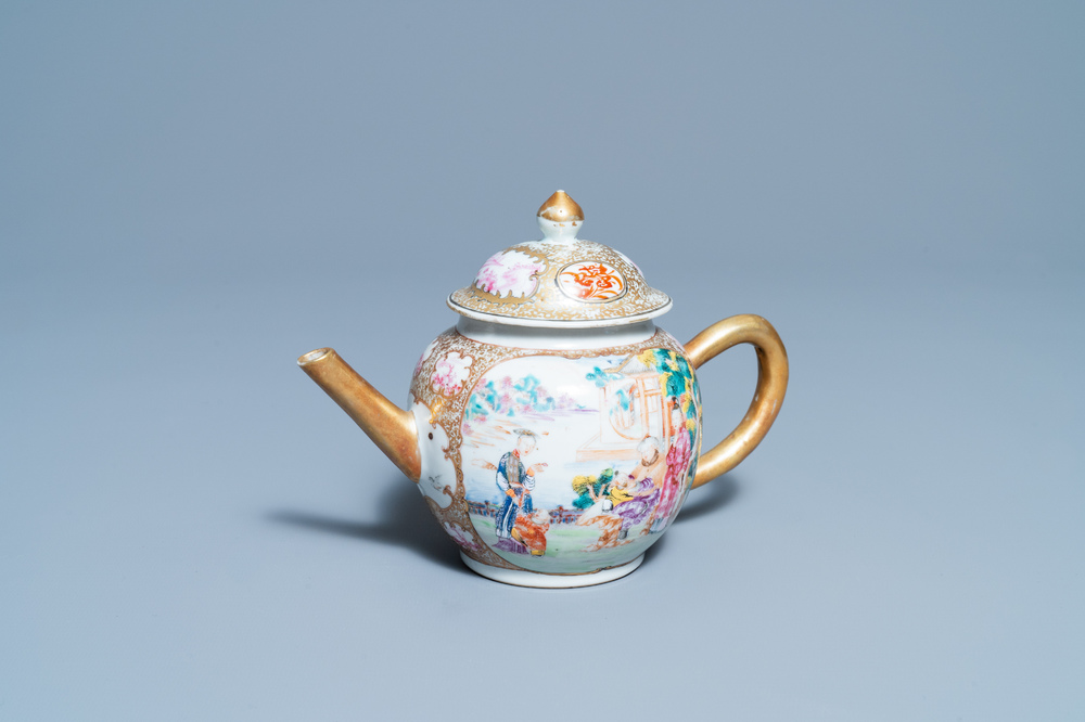 A Chinese famille rose 'Mandarin' teapot and cover, Qianlong