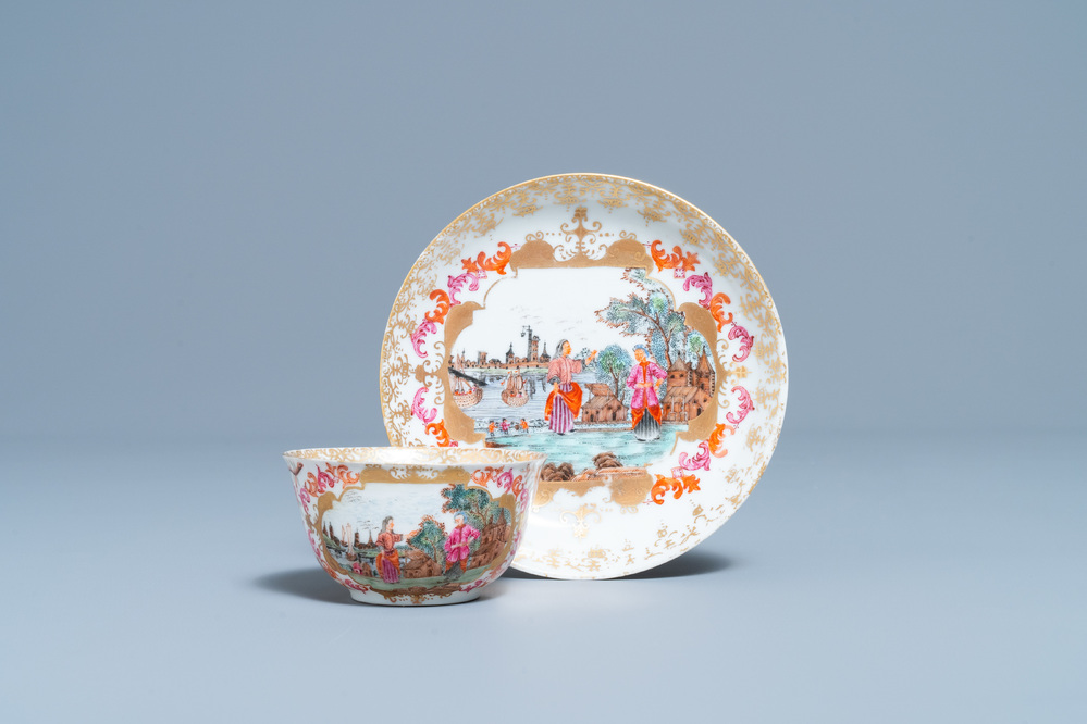 A Chinese Meissen-style export porcelain 'Peter the Great' cup and saucer, Qianlong