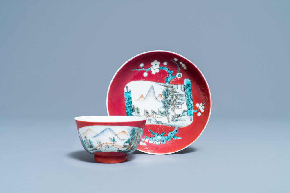 A Chinese famille rose ruby-ground cup and saucer, Yongzheng