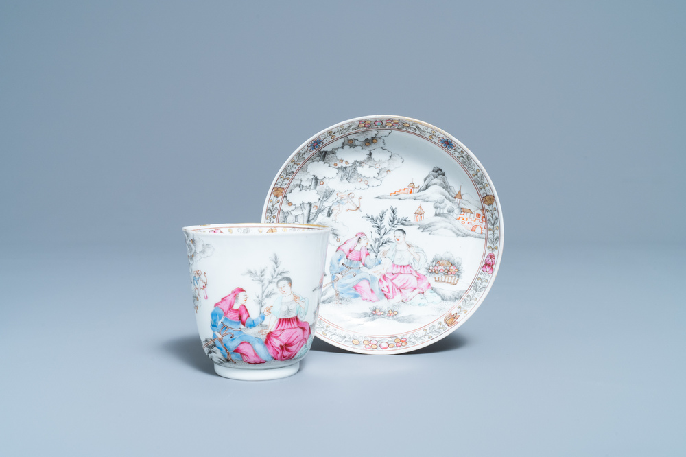 A Chinese famille rose 'romantic subject' cup and saucer, Yongzheng/Qianlong