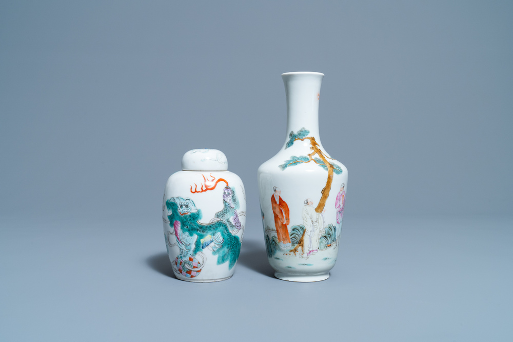 A Chinese famille rose vase and a covered jar with Buddhist lions, 19/20th C.
