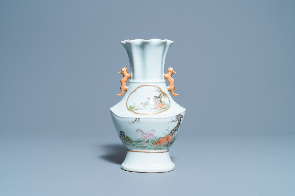 A Chinese famille rose vase with animals in a landscape, 19/20th C.
