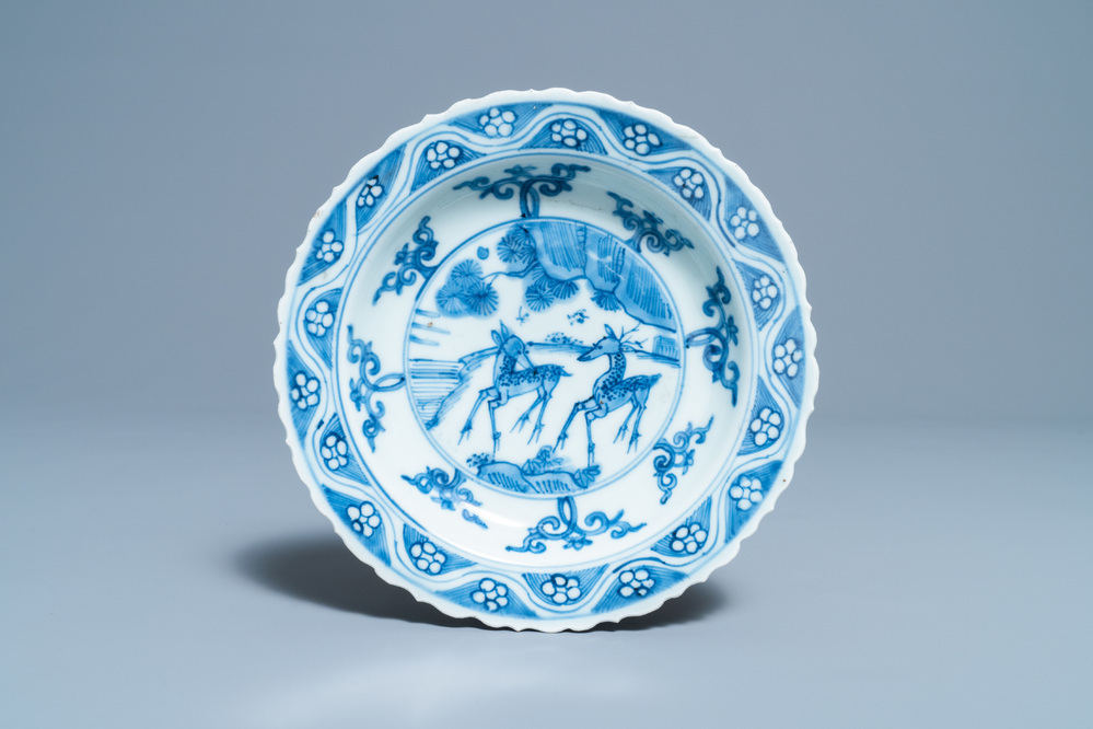 A Chinese blue and white plate with two deer, Ming