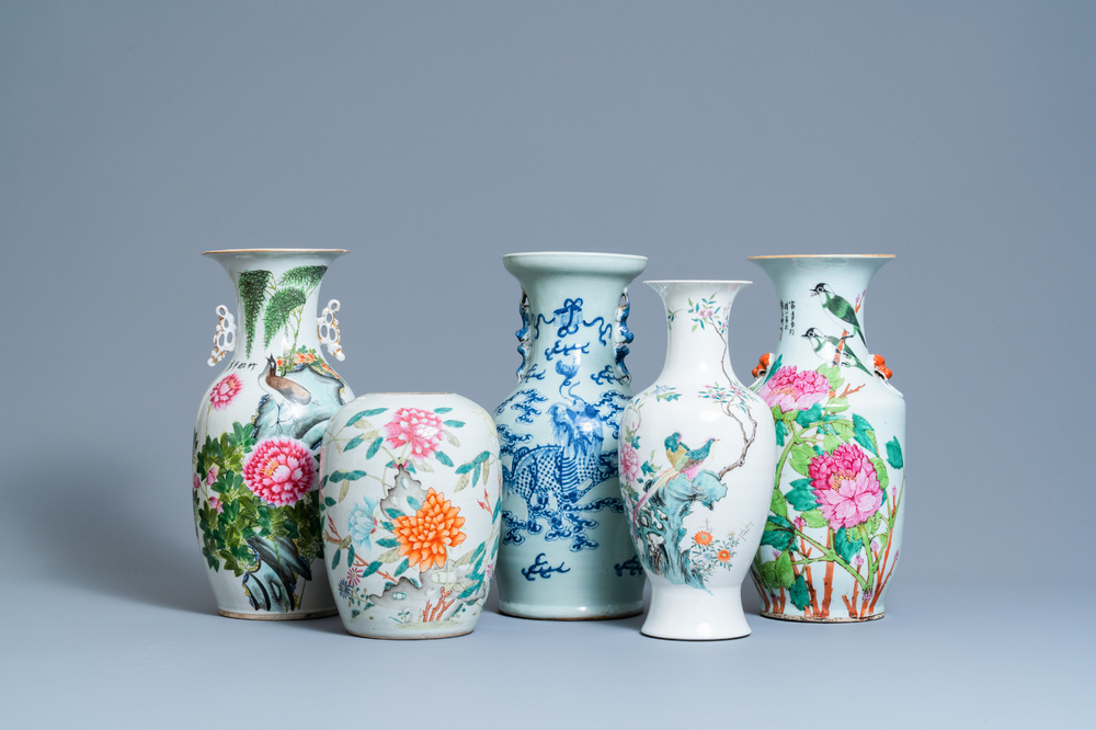 Five Chinese qianjiang cai, famille rose and celadon vases, 19/20th C.