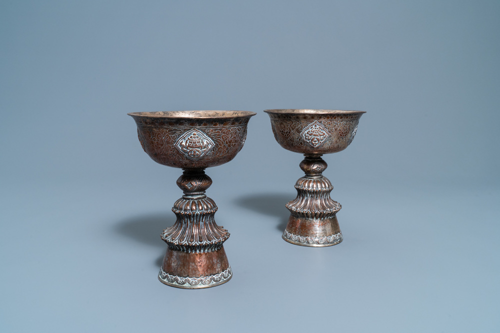 A pair of Tibetan silvered copper alloy altar bowls, 19/20th C.