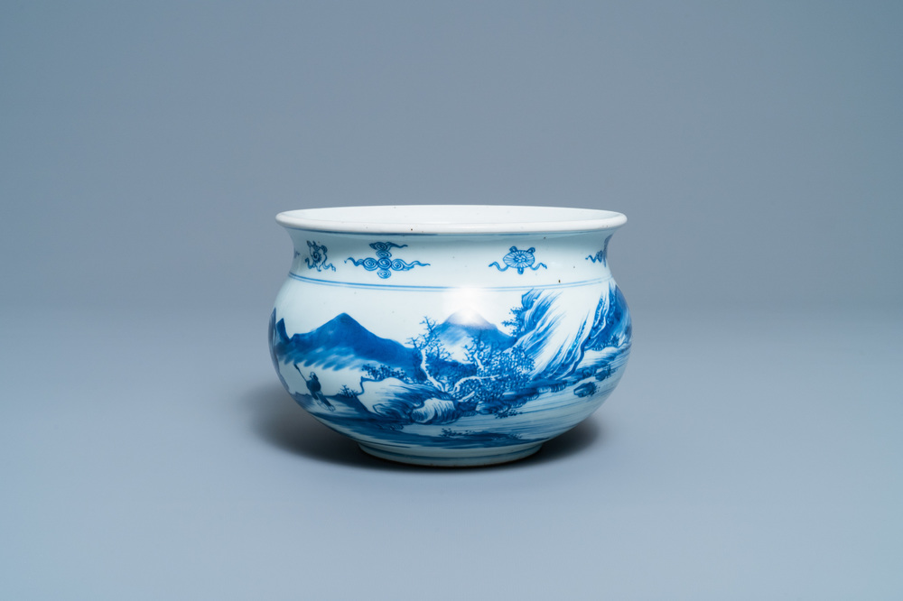 A Chinese blue and white censer with a mountainous landscape, Kangxi