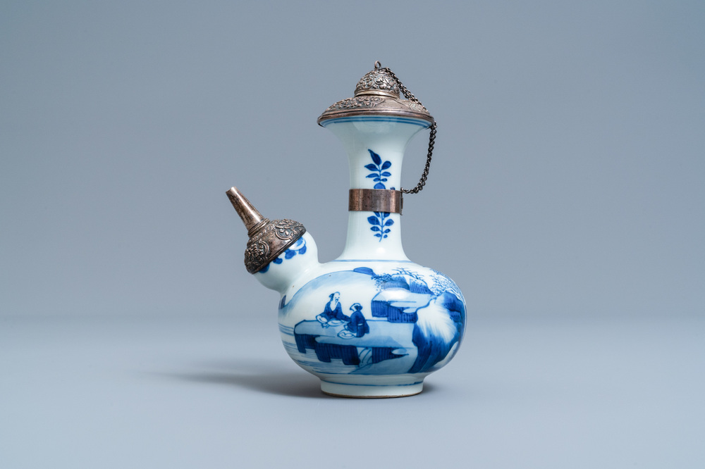 A Chinese silver-mounted blue and white kendi, Kangxi