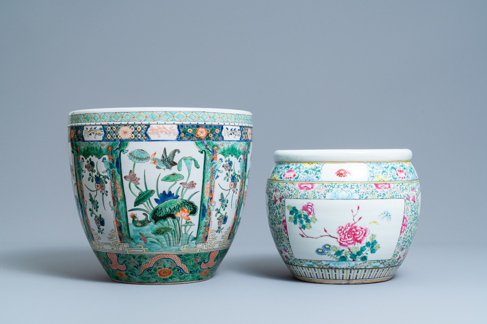 Two Chinese famille rose and verte jardini&egrave;res, 19th C.