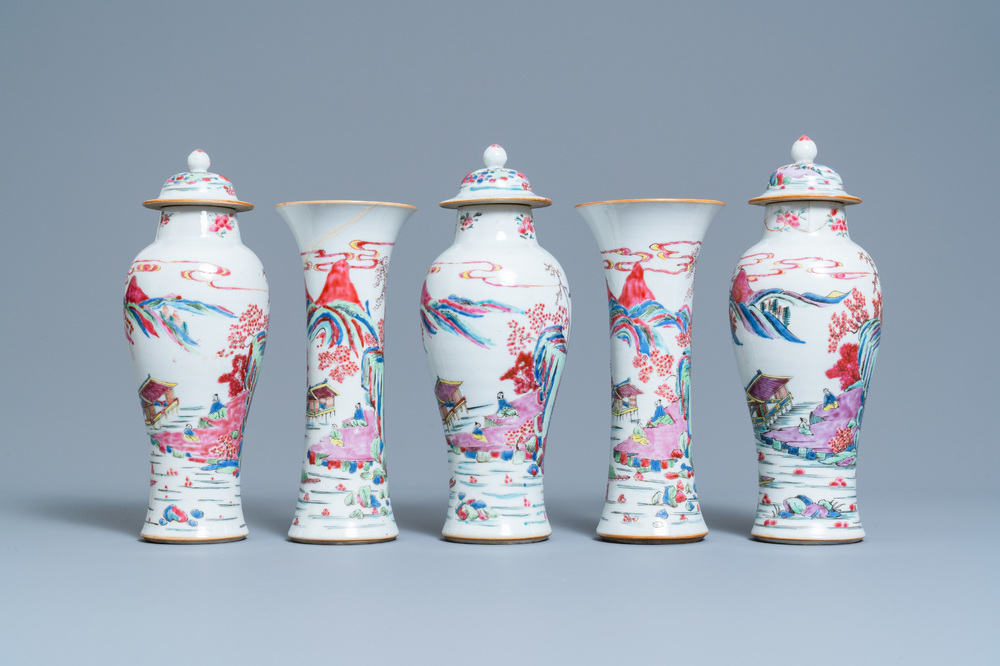 A Chinese famille rose garniture of five vases, Yongzheng