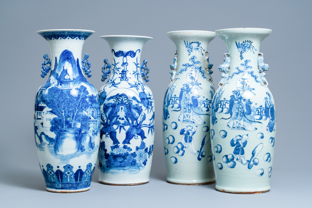 Four Chinese blue, white and celadon-ground vases, 19th C.