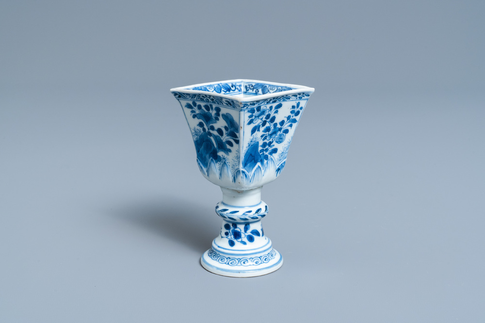 A rare Chinese blue and white tapered square quadrangular stem cup, Kangxi