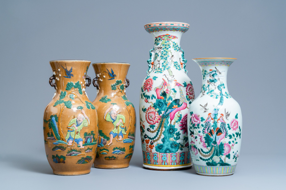 A pair of Chinese famille rose relief-molded vases and two with phoenixes, 19th C.