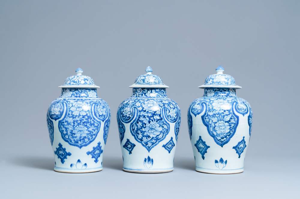 Three Chinese blue and white Islamic market vases and covers, Kangxi