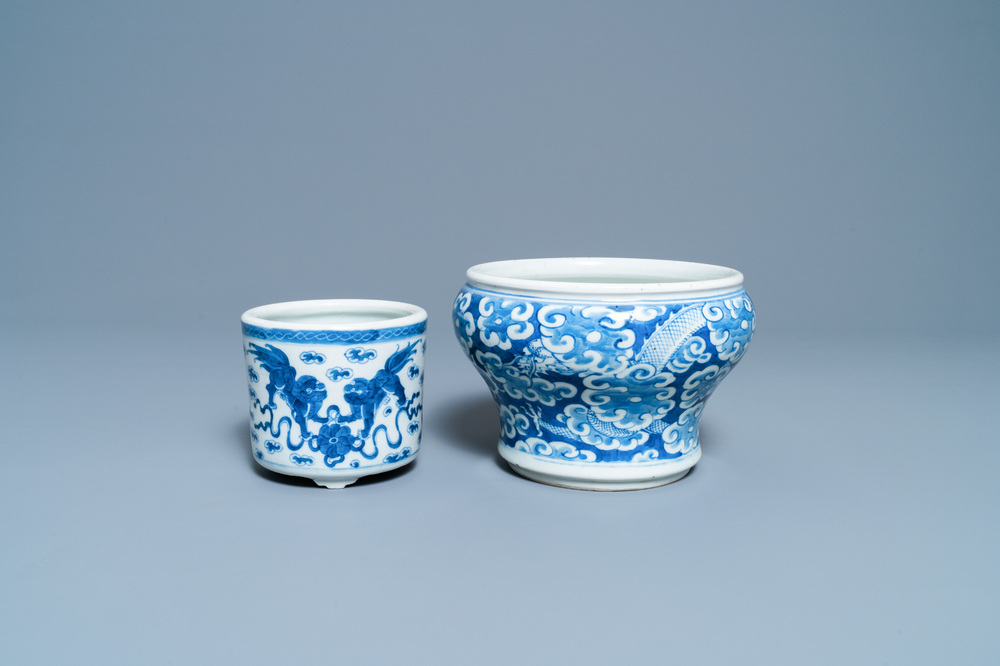 Two Chinese blue and white censers, 19th C.