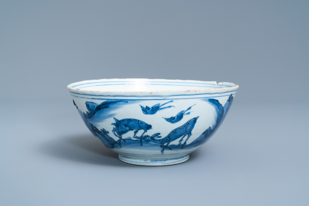 A Chinese blue and white 'deer' bowl, Chenghua mark, Ming