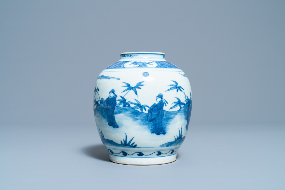 A Chinese blue and white jar with figures in a landscape, Wanli