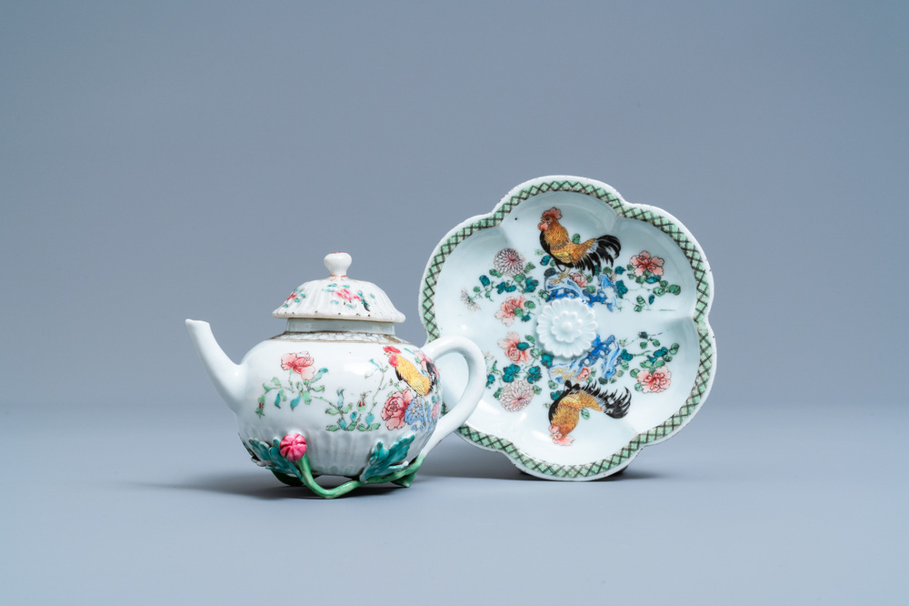 A Chinese famille rose 'rooster' teapot on stand, Yongzheng