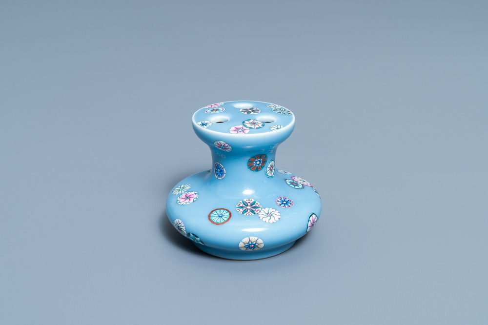 A Chinese lavender blue-ground famille rose 'flower balls' vase, Qianlong mark, Republic