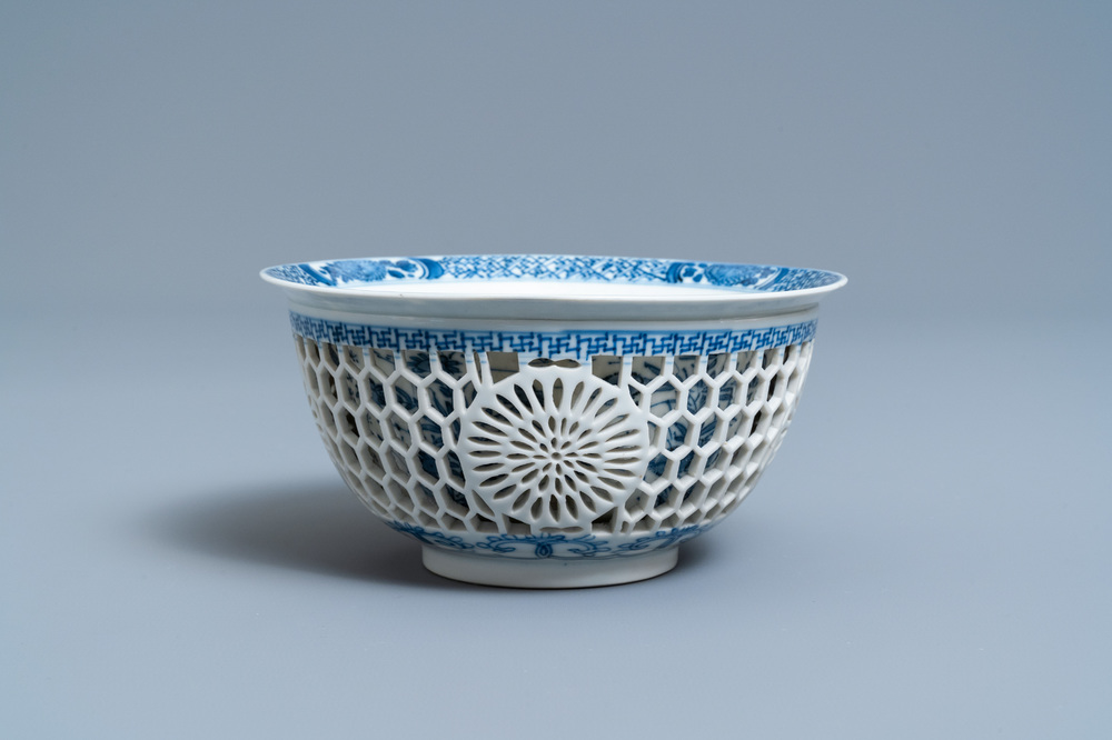 A Chinese blue and white reticulated double-walled bowl, Kangxi