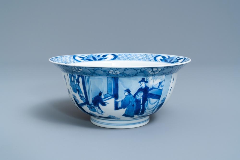 A Chinese blue and white klapmuts bowl with poems, Chenghua mark, Kangxi