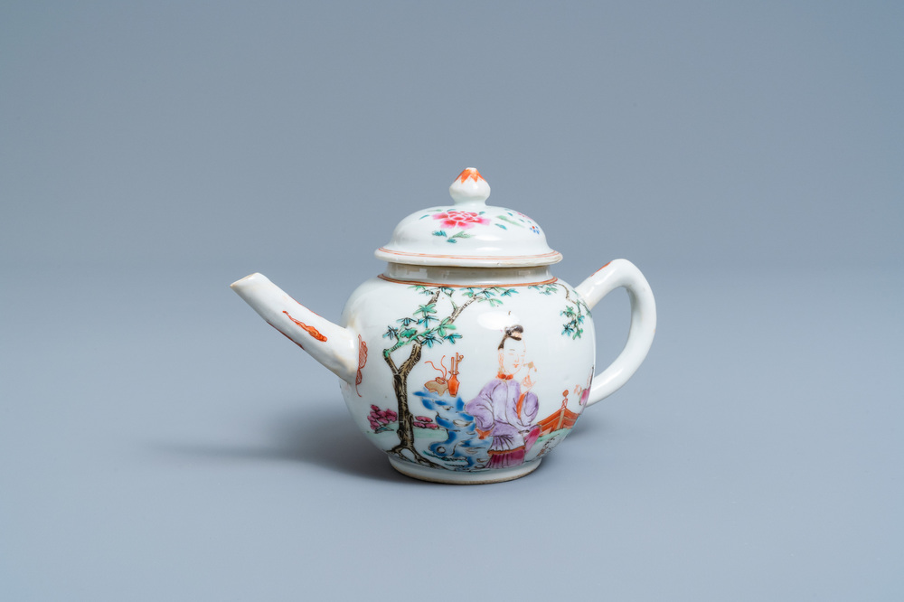 A Chinese famille rose teapot with figures in a garden, Yongzheng