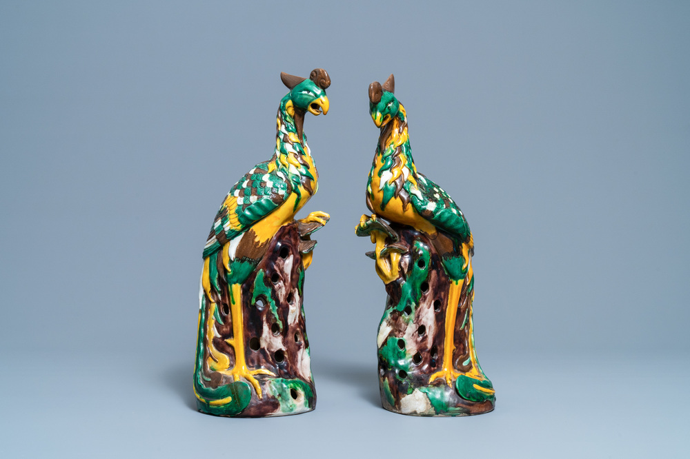 A pair of tall Chinese sancai-glazed models of phoenixes, Republic