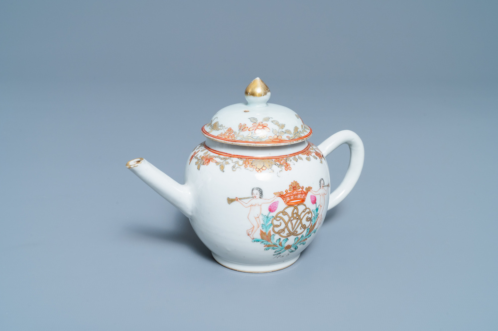 A Chinese famille rose teapot and cover with a crowned monogram, dated 1763, Qianlong