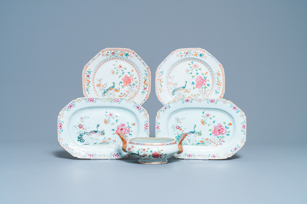 Five Chinese famille rose 'double peacock' porcelain wares, Qianlong