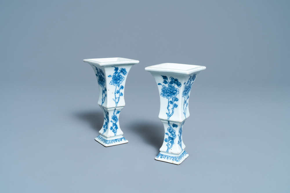 A pair of Chinese blue and white vases with floral design, Qianlong
