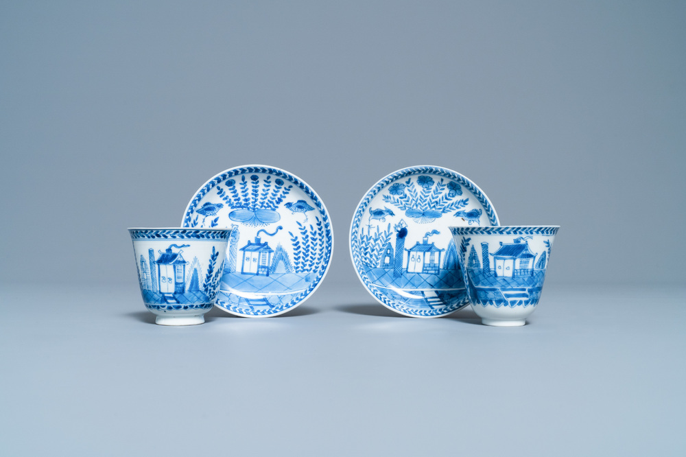 A pair of Chinese blue and white cups and saucers, Kangxi
