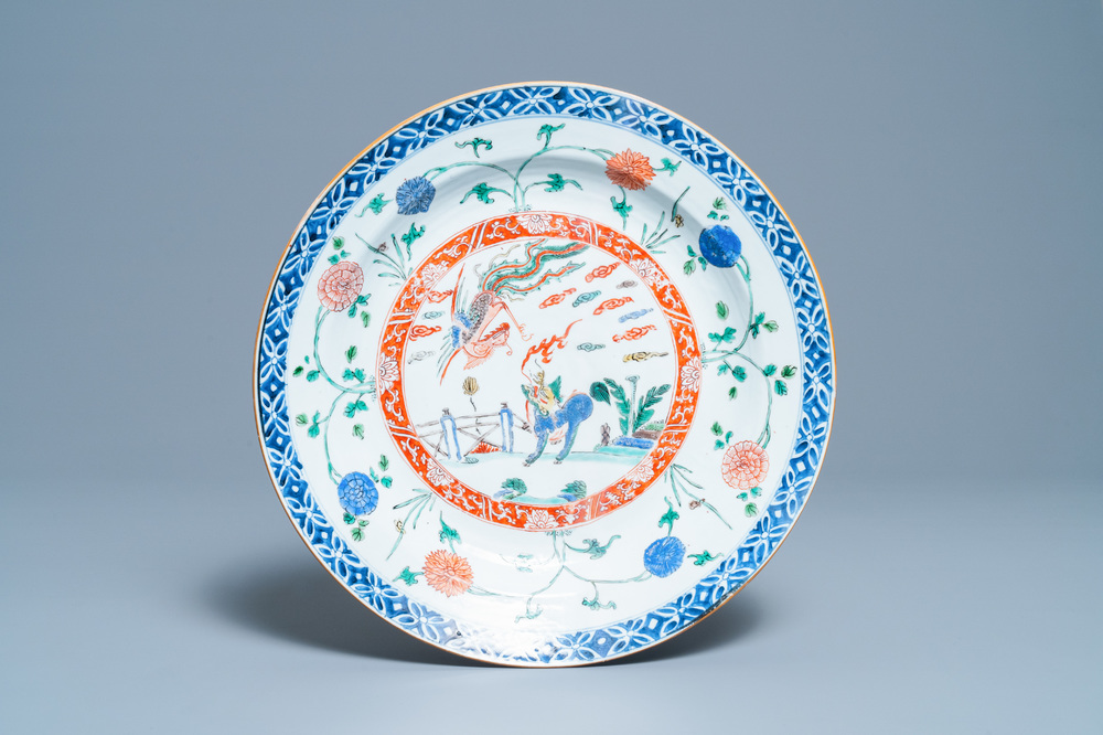A Chinese famille verte 'qilin and phoenix' dish, Kangxi