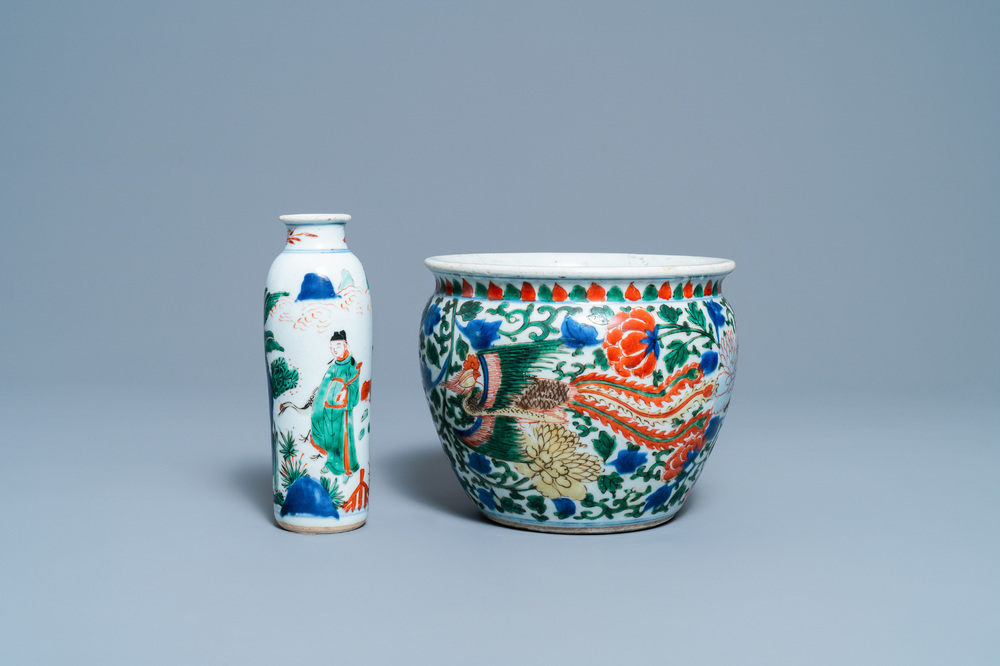 A Chinese wucai rouleau vase and a 'phoenix' censer, Transitional period