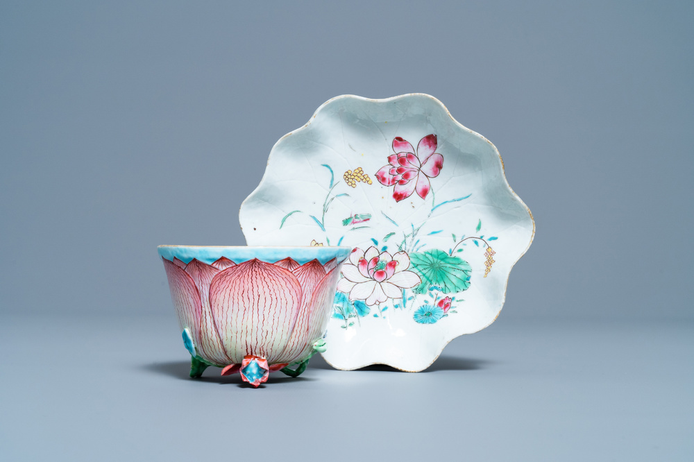 Een Chinese famille rose lotusvormige kop en schotel met reli&euml;fdecor, Yongzheng