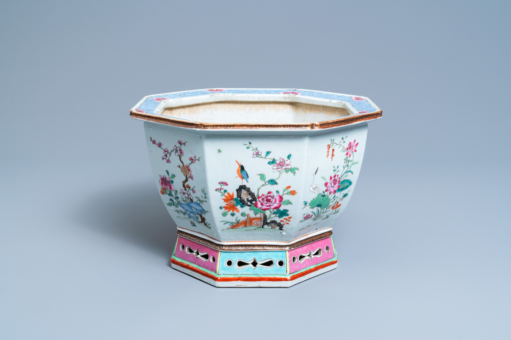 A Chinese hexagonal famille rose jardini&egrave;re, Qianlong