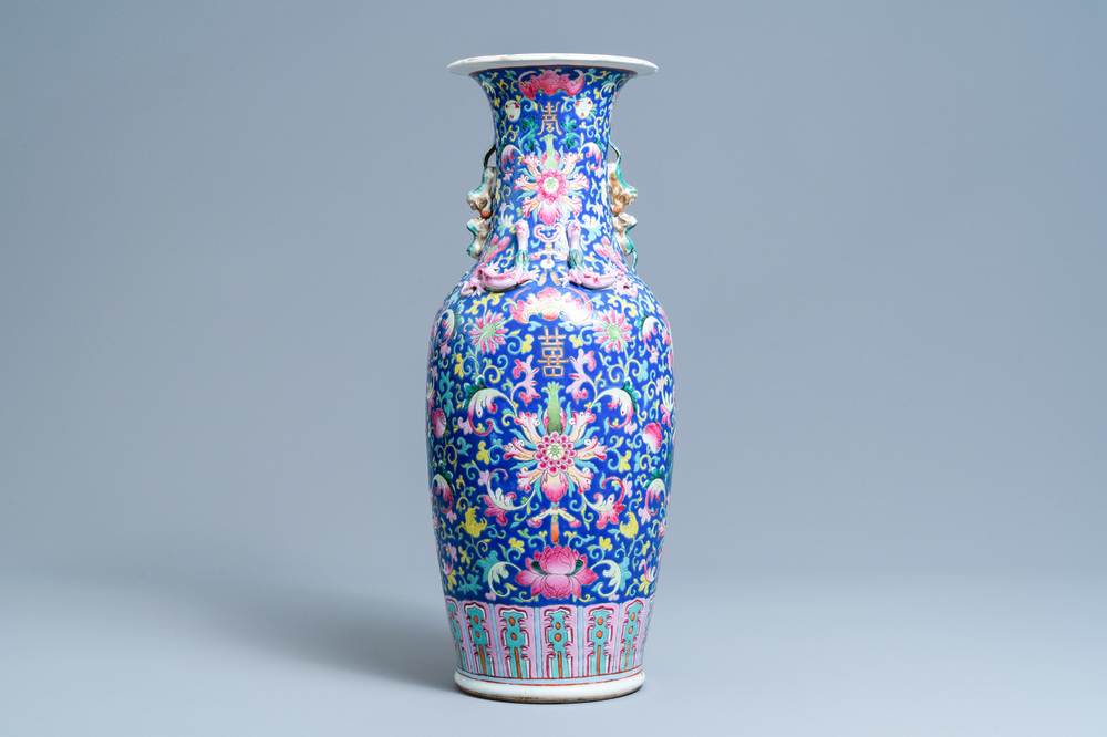 A Chinese famille rose blue-ground vase, 19th C.